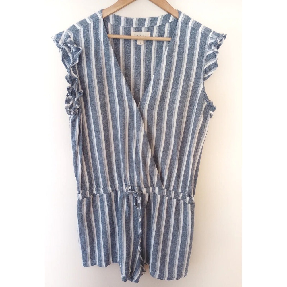 Cloth & Stone Ladies Sleeveless Rayon/Linen Romper Size:Large  Blue & White